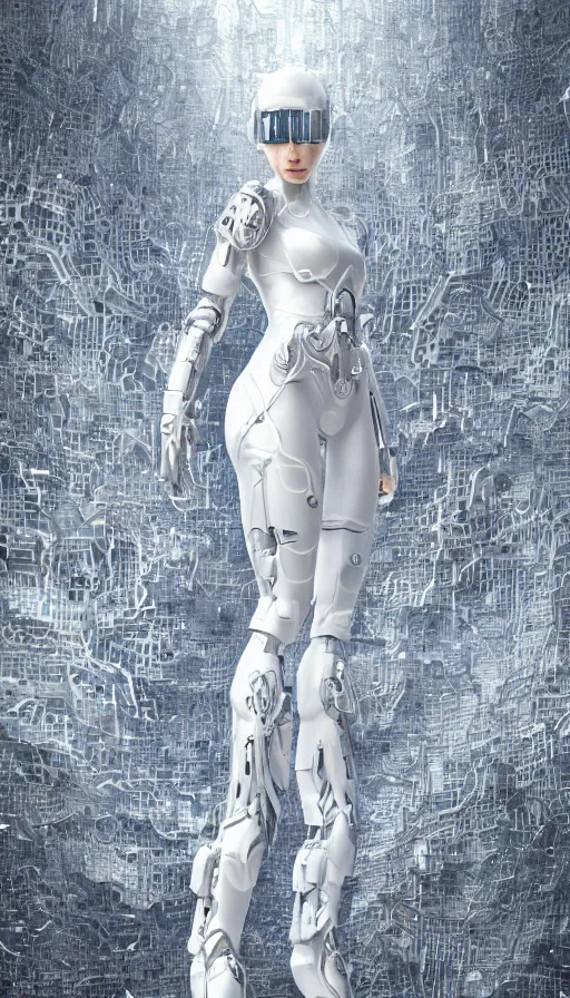 Image similar to full body head to toe portrait of a nanopunk sci-fi cyborg ninja, third person, D&D, sci-fi fantasy, intricate, white with shiny silver and chartreuse fringe highlights, highly detailed, art by Range Murata, highly detailed, 3d, octane render, bright colors, digital painting, trending on artstation, sharp focus, illustration style of Stanley Artgerm, dramatic background