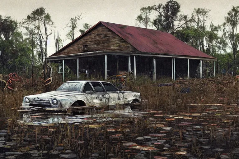 Image similar to scene from louisiana swamps, old protestant church with neon satanic pentagram, junkyard by the road, boy scout troop, voodoo artwork by tim eitel