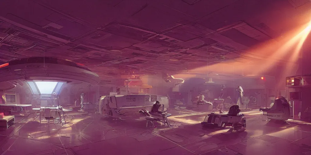 Image similar to circular spaceship medic room laboratory , thick mist, low ceiling, cables hanging from ceiling, thick cables on ground, god rays of light, huge computer screens, neons, saturated top light , epic scene, scifi, illustration, art by Juan Giménez and moebius