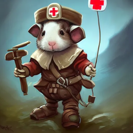 Image similar to cute little anthropomorphic Guinea Pig Field Medic, tiny, small, short, Modern Field medic with red cross, cute and adorable, pretty, beautiful, DnD character art portrait, matte fantasy painting, DeviantArt Artstation, by Jason Felix by Steve Argyle by Tyler Jacobson by Peter Mohrbacher, cinema