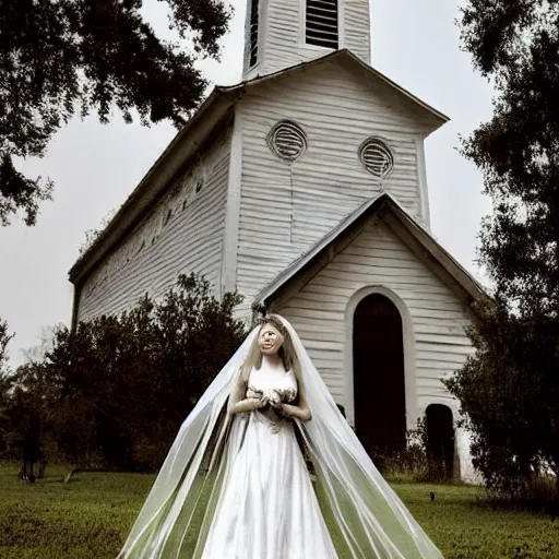 Prompt: picture of ghostly bride in front of an old wooden white church, 1 9 th century southern gothic scene, taken by calatrava, santiago