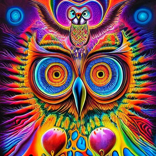 Prompt: the wisest of all owls, psychedelic, alex grey, salvador dali, trending on artstation, surreal