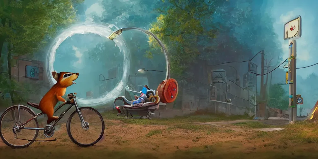 Image similar to A chipmunk riding a bike through a portal. Detailed digital matte painting in the style of simon stalenhag