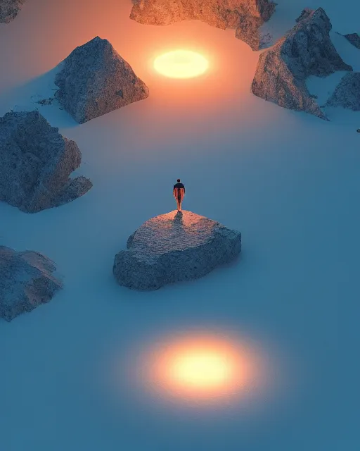 Image similar to a man standing in the middle of a mountain looking at a glowy shape, a render by filip hodas, behance contest winner, environmental art, rendered in cinema 4 d, volumetric lighting