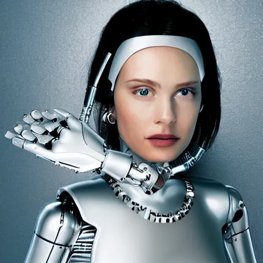 Prompt: a liquid metal robot is partially morphing into copy of actress in the magazine, realistic, detailed