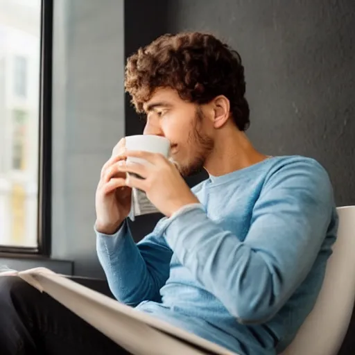 Prompt: a thoughtful wealthy young man sitting on a toilet drinking coffee and scrolling tiktok on his iphone, distant thoughtful look