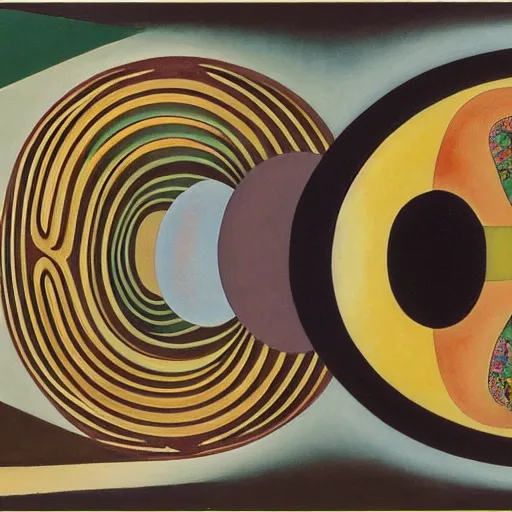 Prompt: a lost work of genius, a beautiful composition of incredibly profound symbolic art expressing the nature of time, wondrous, benign and numinous by M. C. Escher and by Hilma af Klint and by Wassily Kandinsky, looking at it rewards the soul