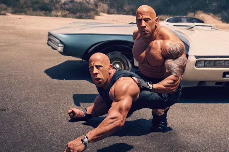 Image similar to vin diesel as dwayne johnson flexing and yelling let's go!, fast furious, low perspective, isometric perspective, cinematic still, movie still, long lens, shallow depth of field, bokeh, anamorphic lens flare, 8 k, hyper detailed, 3 5 mm film grain