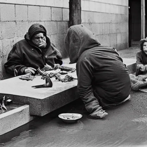 Prompt: hobos eating fish from aquarium, black and white, old photo, realistic