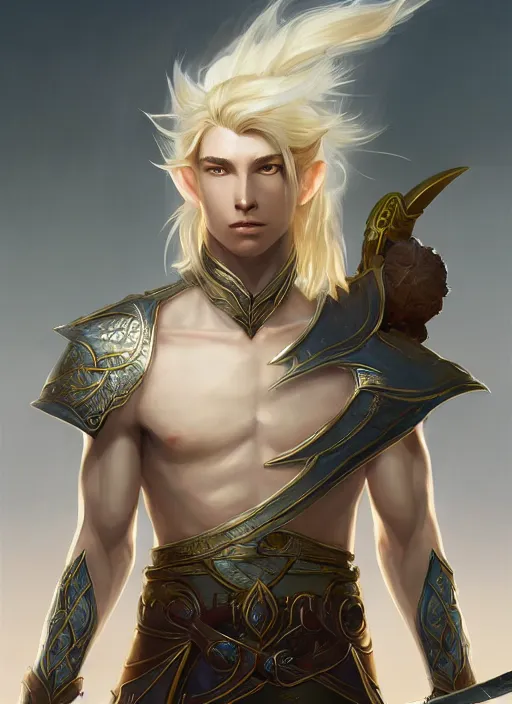 Prompt: Half-body portrait an elven princes with blonde hair and giant sword. In style of Hyung-tae Kim and Greg Rutkowski, concept art, trending on ArtStation, Korean MMORPG, over-detailed art, 8K, epic, dynamic lightning, dramatic pose.