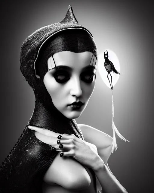 Image similar to surreal mythical dreamy dark artistic black and white fine art 3 / 4 fashion portrait photo of a young beautiful delicate female robot - witch - owl with orchid - doll face, rim light, cinematic, studio dramatic light, poetic, masterpiece, octane render, 8 k, photo - realistic by gustave dore hg giger