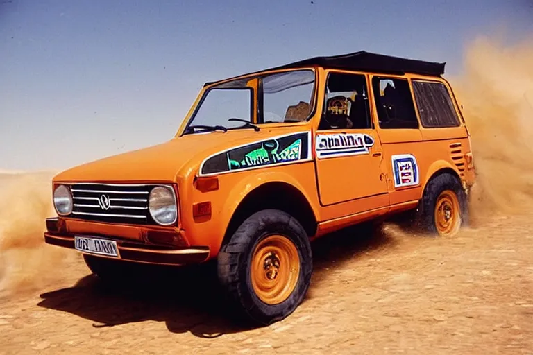 Prompt: 1 9 7 1 vw thing testarossa, dakar rally footage, speed