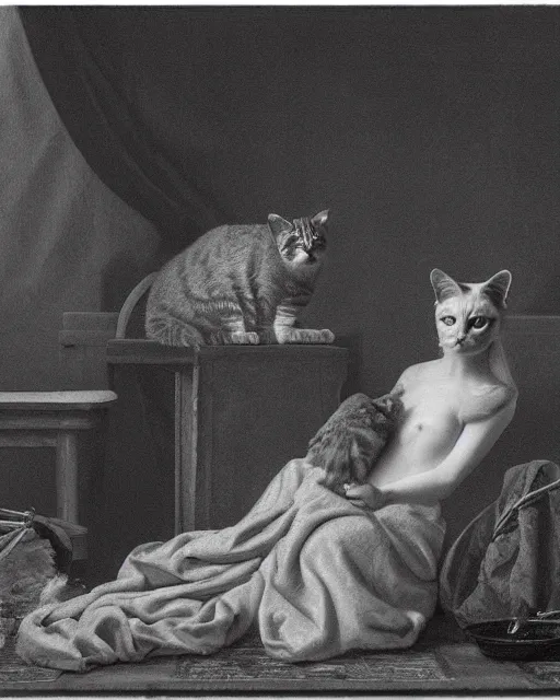 Prompt: a cat queen, in the style of the dutch masters and gregory crewdson, dark and moody