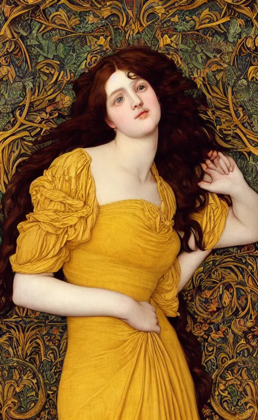 Prompt: preraphaelite full body reclining portrait photography masterpiece, perfectly poised, foreshortening, brown hair fringe, yellow ochre ornate medieval dress, frederic leighton, background by william morris and kilian eng, framed, 4 k