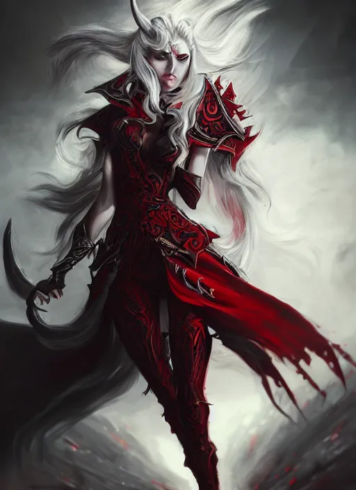 Image similar to a highly detailed illustration of fierce beautiful long white haired horned demon woman wearing red and black battle dress, dramatic imposing pose, intricate, elegant, highly detailed, centered, digital painting, artstation, concept art, smooth, sharp focus, league of legends concept art, wlop.