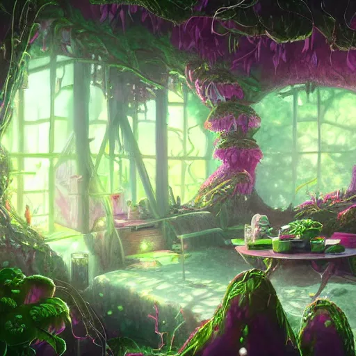 Image similar to concept art painting of a interior of a cozy alien fantasy cottage made of fungus, with black vines and magenta houseplants, realistic, detailed, cel shaded, dark, in the style of makoto shinkai and greg rutkowski and james gurney