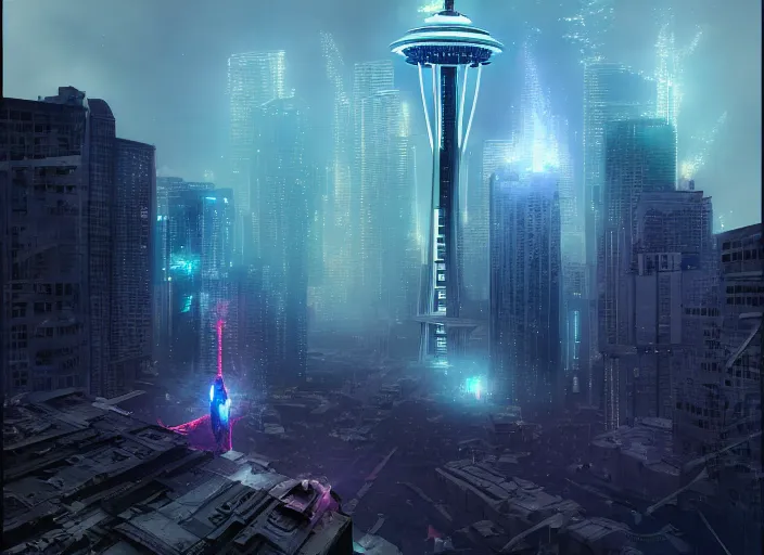 Image similar to seattle being attacked by a mega humanoid giant, by beeple and maciej kuciara and greg rutkowski