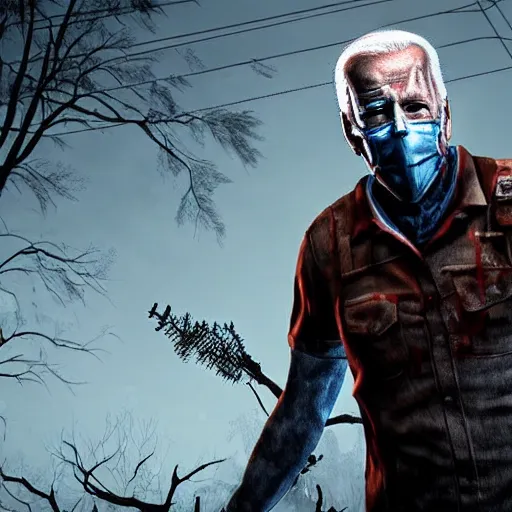 Image similar to joe biden as a killer in dead by daylight, 4 k, hyper realistic, dslr, high resolution, landscape, beautiful