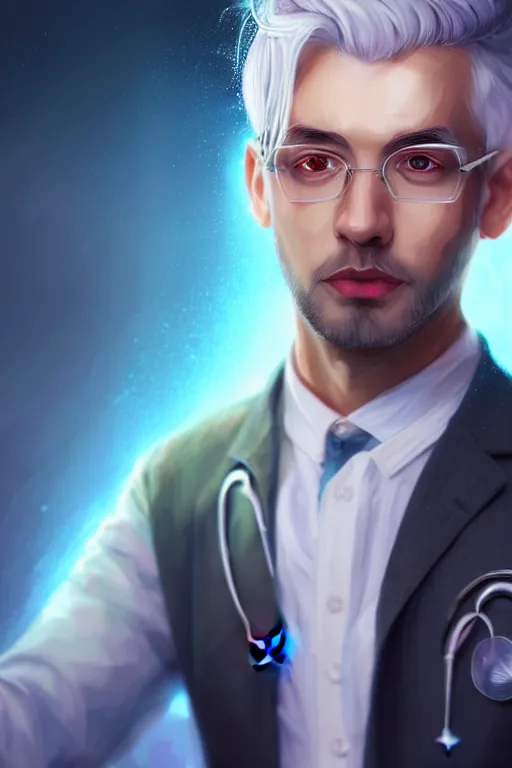 Image similar to character design, a handsome doctor with silver hair and a mixed face, blurred environment background, colorful magic effects, white skin, portrait, male, clothed, sharp focus, digital art, concept art, trending on artstation, dynamic lighting, by emylie boivin and rossdraws