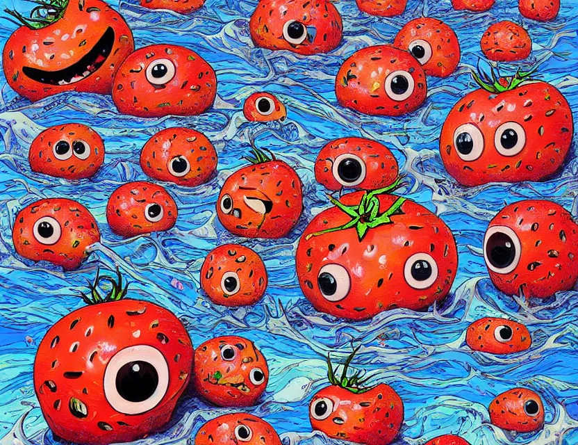 Image similar to a funny detailed high resolution painting with rough brush of a lazy red burned tomato with many googly eyes on a beach to hot for the sun, big piles of strawberry icecream surfing on a sunset by james jean