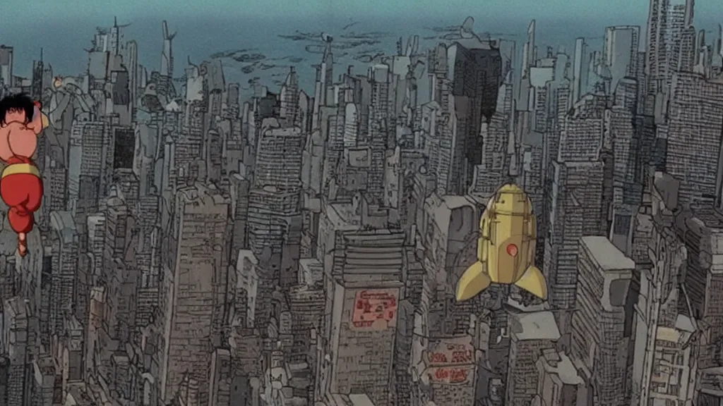 Image similar to a cell shaded cartoon movie still from akira ( 1 9 8 8 ) showing a spaceship from independence day ( 1 9 9 6 ) in the air above a city. very dull muted colors, hd, 4 k, hq