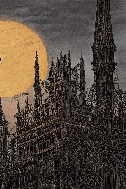 Prompt: A dramatic solar eclipse over a medieval construction site for the tallest tower in the world. masterpiece 4k digital design by Takato Yamamoto, award winning, Artstation, Takato Yamamoto aesthetic, Neo-Gothic, gothic, forest on background, intricate details, realistic, hyperdetailed, 8k resolution