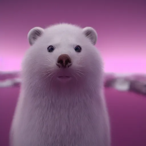 Image similar to white mink with nimbus of pink bacteria around the neck, unreal engine, starring at camera, matte background, high symmetry, 8k