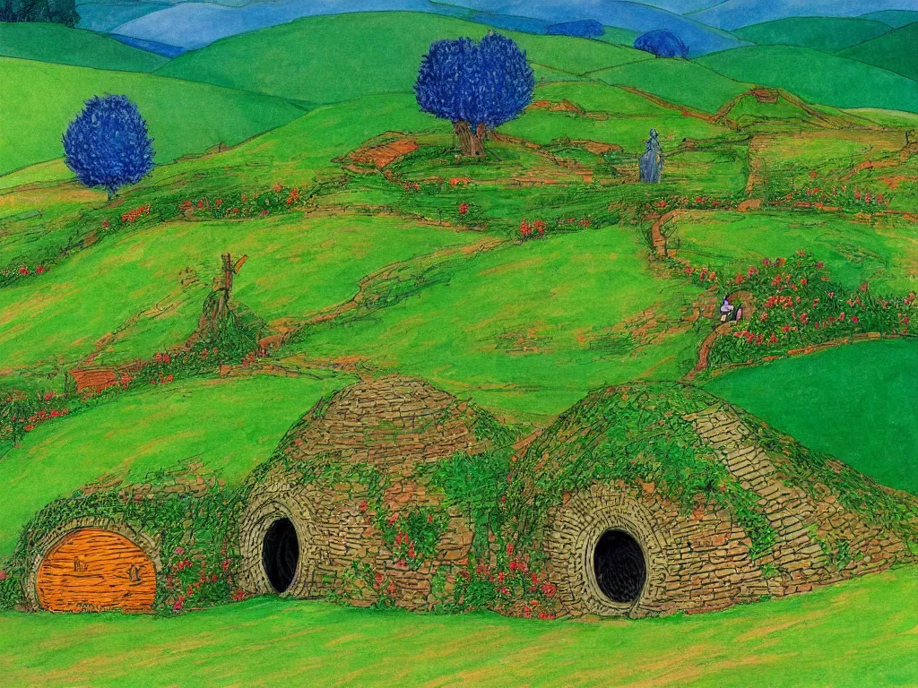 Prompt: Tolkien Lord of the Rings landscape Shire Hobbits Bag End in the style of David Hockney