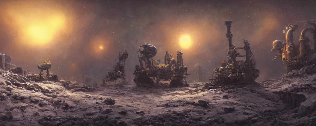 Prompt: outer planet covered with ice, steam shovel mining, art by paul lehr, cinematic, detailed, epic, widescreen, opening, establishing, matte painting, photorealistic, realistic textures, octane render