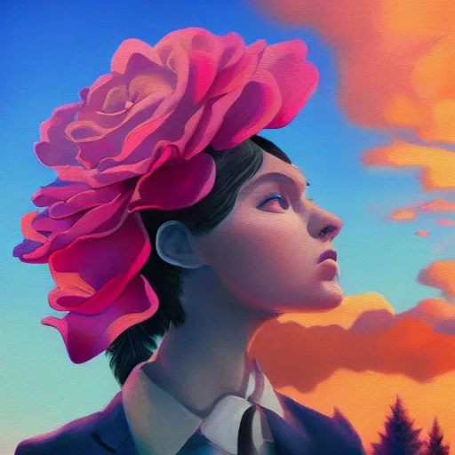 Image similar to closeup, giant rose flower head, frontal, girl in suit, surreal photography, sunrise, blue sky, dramatic light, impressionist painting, digital painting, artstation, simon stalenhag