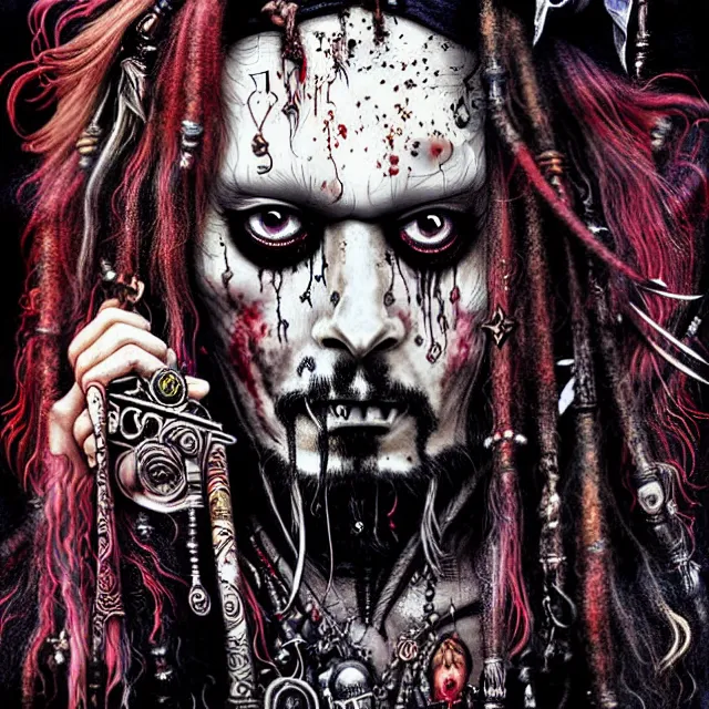 Prompt: symmetrical complex fine detail, black ink & copic markers, spiritual horror lsd art in vibrant muted colors, disturbing grunge still of a solomonic demon infested captain jack sparrow, by arthur adams, by tom bagshaw, by henry asencio, by kikuchi hideyuki