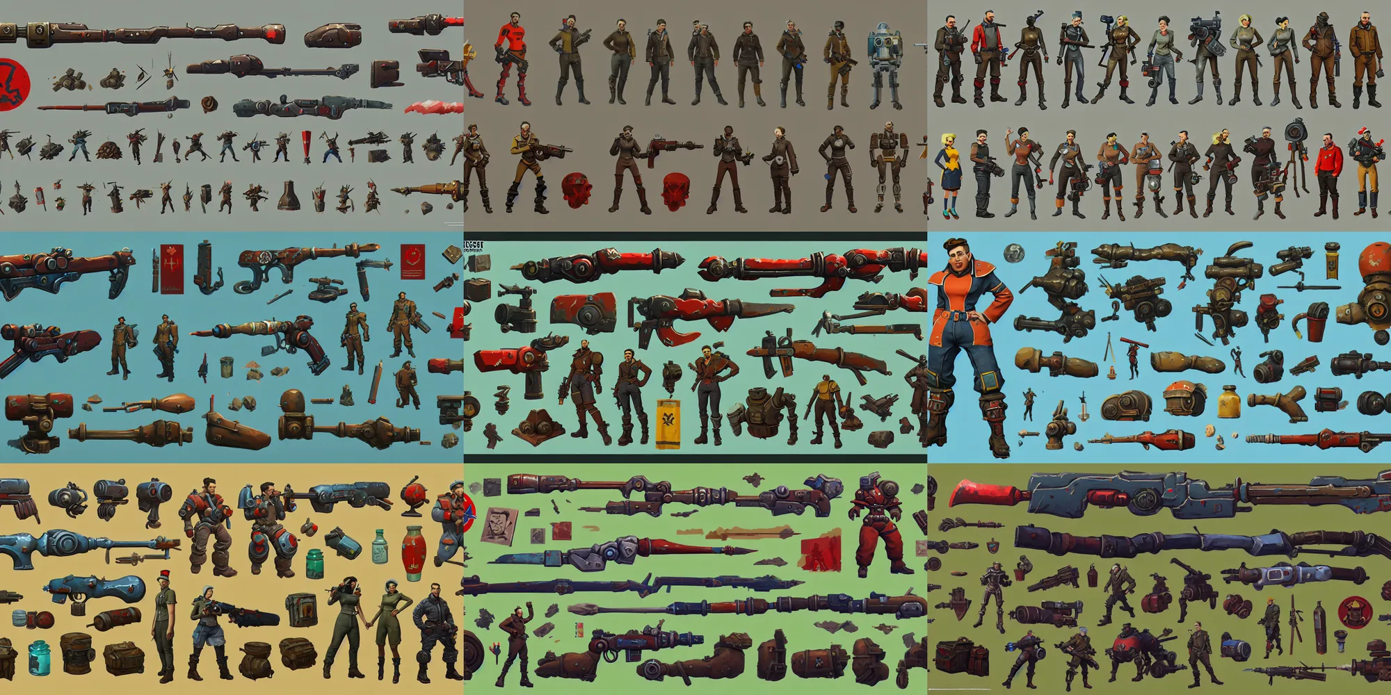 Prompt: game asset of fallout weapon soviet style, in gouache detailed paintings, props, stylized, 2 d sprites asset sheet, kitbash, arcane, prop rocks, overwatch, many color scheme, 8 k, close up, top down view