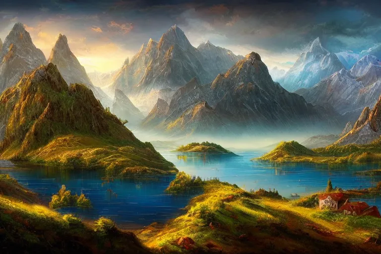 Image similar to a beautiful fantasy landscape with lakes and hills and mountains