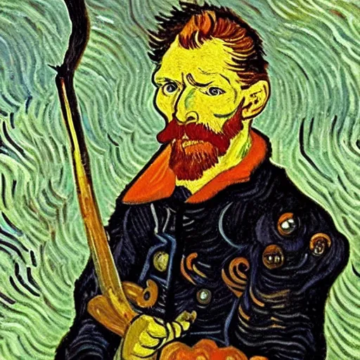 Image similar to fry with a sword, painting, artwork by van gogh