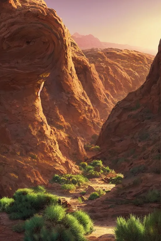 Image similar to beautiful utah desert, rock arcs, lush vegetation, landscape, alex ross, eddie mendoza, raphael lacoste, sebastian ludke, concept art, matte painting, highly detailed, rule of thirds, dynamic lighting, cinematic, detailed, magnificiant landscape, denoised, centerd