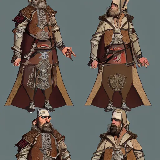 Image similar to 5 0 years old man : : brown hair, stubble beard : : decorated medieval clothing : : high detail, digital art, rpg, concept art, illustration