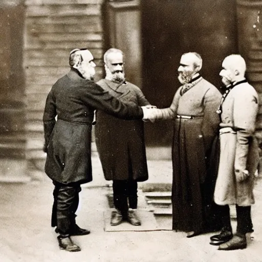 Image similar to theodor herzl shaking hands with franz joseph colorized