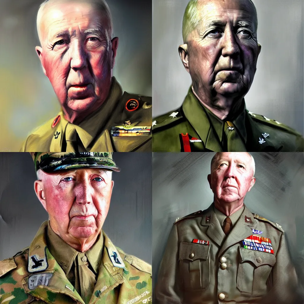 Prompt: A hyperdetailed digital oil portrait painting of US General George Patton in the style of Guy Denning and Ruan Jia. Trending on ArtStation and DeviantArt. Digital art.