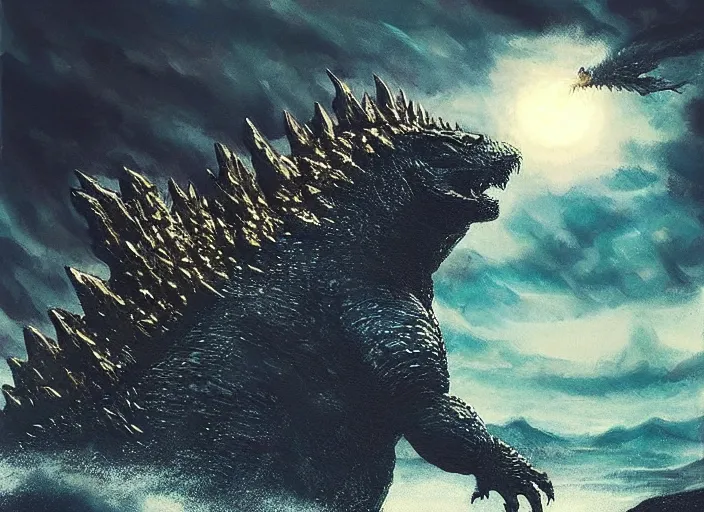 Prompt: godzilla emerges from a river and roars at the sky, beautiful landscape painting, very detailed, dramatic lighting