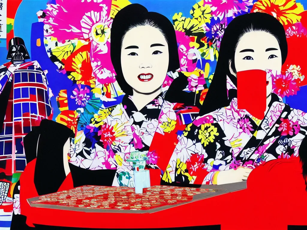 Image similar to hyperrealistic composition, in the middle a woman in a japanese kimono, behind her stands darth vader, in front of her a table from the casino, in the background is mount fuji and fireworks, pop - art style, jacky tsai style, andy warhol style, acrylic on canvas