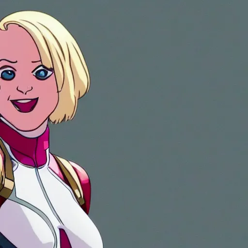 Image similar to A still of Gwenpool in Deadpool 3 (2023), blonde hair with pink highlights, no mask, white and light-pink outfit, smiling and winking at the camera, comics accurate design