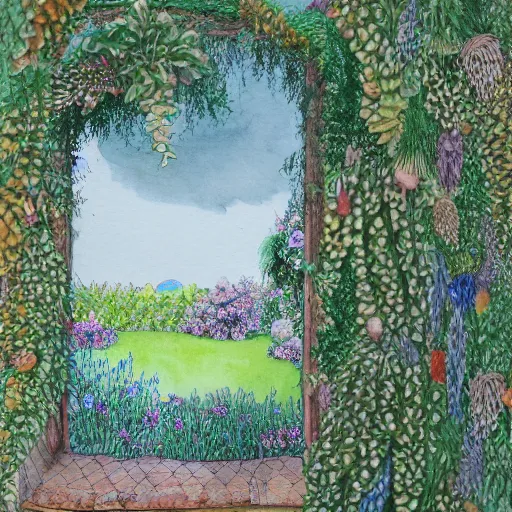 Image similar to delicate garden on paper, spirals stony, floating robes, puffy, vines, botanical herbarium, botanic watercolors, coastline, iridescent, 8 k wide angle, realistic shaded, fine details, artstation, italian, rainbow, colonnade, oak, pinecone, gardena architecture, pompeii, naples, sicilian, boundary walls