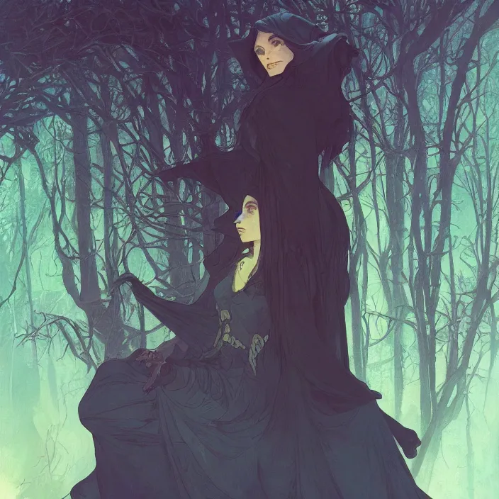 Image similar to a beautiful render of absolutely beautiful witch, gothic background, a beautiful face, perfectly shaded, atmospheric lighting, style of makoto shinkai, raphael lacoste, louis comfort tiffany, artgerm, karol bak, james jean, alphonse maria mucha