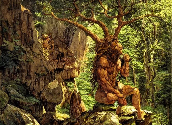 Image similar to a troll on a rock in the woods, dramatic lighting, fluid, smooth, bright, colours, high contrast, sharpness, very detailed, intricate, by moebius, frazetta, giorgio de chirico and klimt