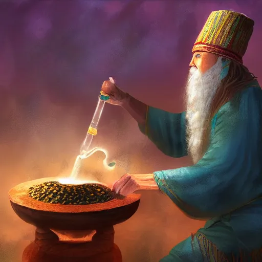 Image similar to a shaman preparing a magic decoction in a dreamy atmosphere, 4 k, 3 d, digital painting