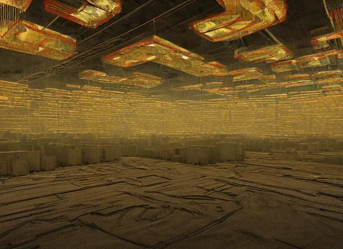 Image similar to rustic yet enormous SCP (Secure, Contain, Protect) agency interior with infinite rows of giant iridescent alien artifacts suspended in cylindrical containers made of gold and quartz by Simon Stalenhag, Zdiszlaw Beksinski, inspired by Control the game, mysterious, eeriewave, hyperdetailed, dramatic camera angle with focus on infinity, octane render 8k