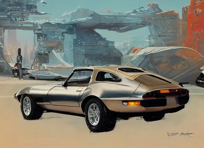 Image similar to ( ( ( ( ( 1 9 8 2 pontiac trans am, jaguar e - type, car concept art, sci - fi illustration, painting ) ) ) ) ) by vincent di fate and john berkey!!!!!!!