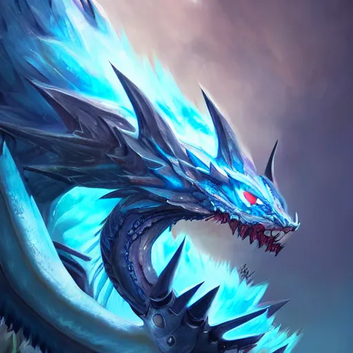 Image similar to a blue eye white dragon, battlefield background, bright art masterpiece artstation. 8 k, sharp high quality artwork in style of jose daniel cabrera pena and greg rutkowski, concept art by tooth wu, blizzard warcraft artwork, hearthstone card game artwork, yugioh artwork