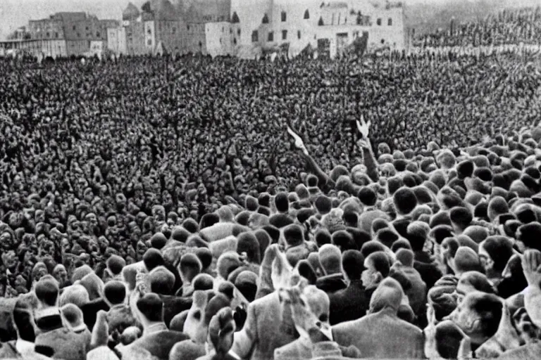 Image similar to Adolf Hitler giving speech to crowd of minions