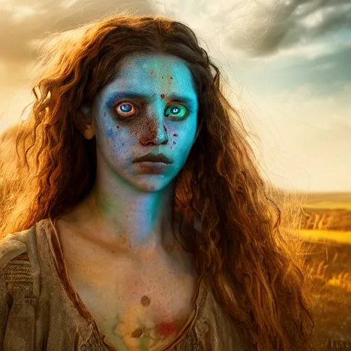 Prompt: dystopian dnd character, native american teenage female angel, who has iridescent colored eyes, freckles, and has curly red hair, hyper realistic, made by and seb mckinnon. hyperrealism, dslr photography 8 k dop dof by laura zalenga. red and blue diffused lighting, fantasy expanse landscape in the style of john avon. 8 k dop dof